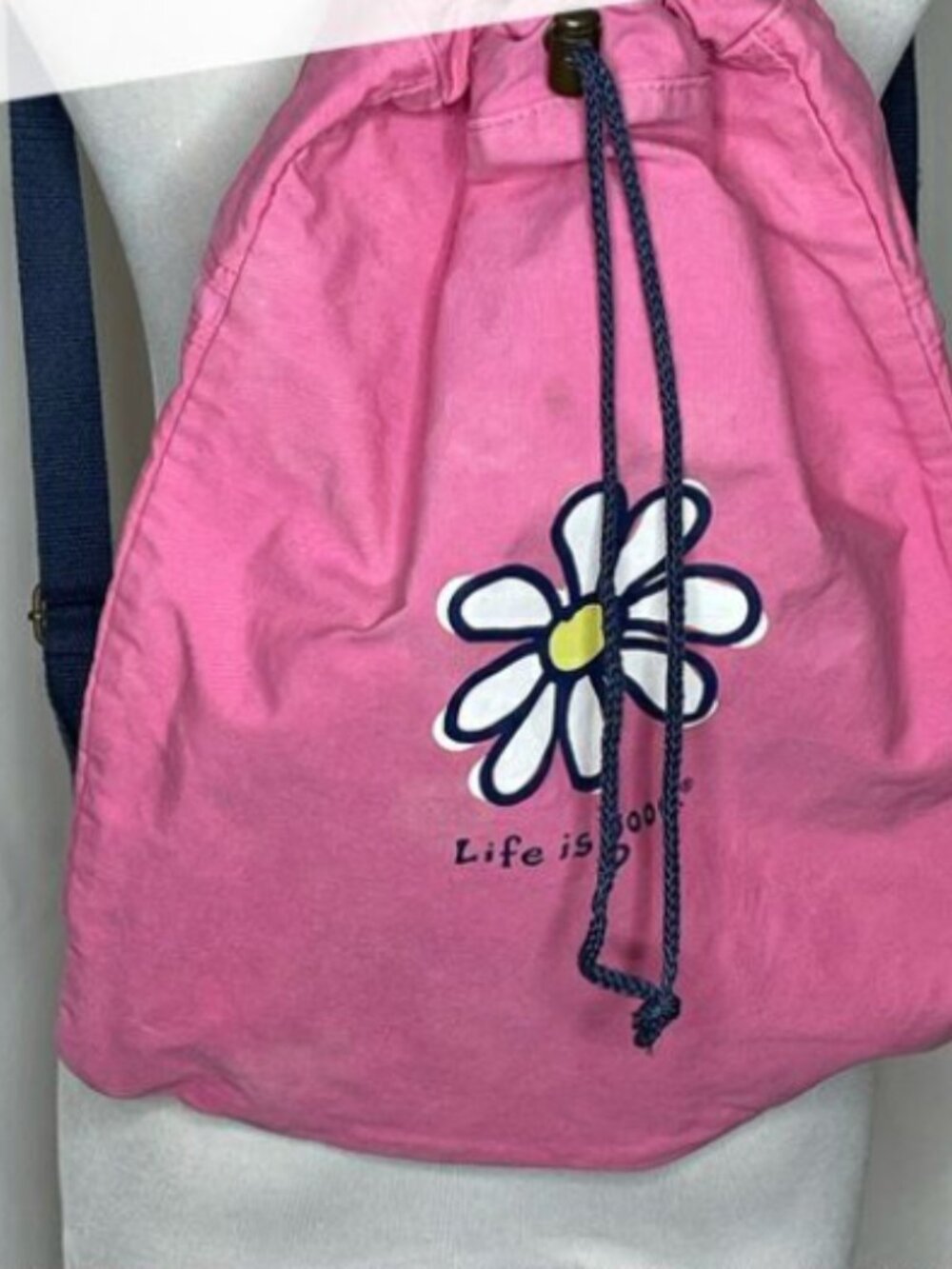 NWOT Life is Good Canvas Drawstring Backpack Daisy Logo Camp Overnight School Ne - Picture 2 of 11